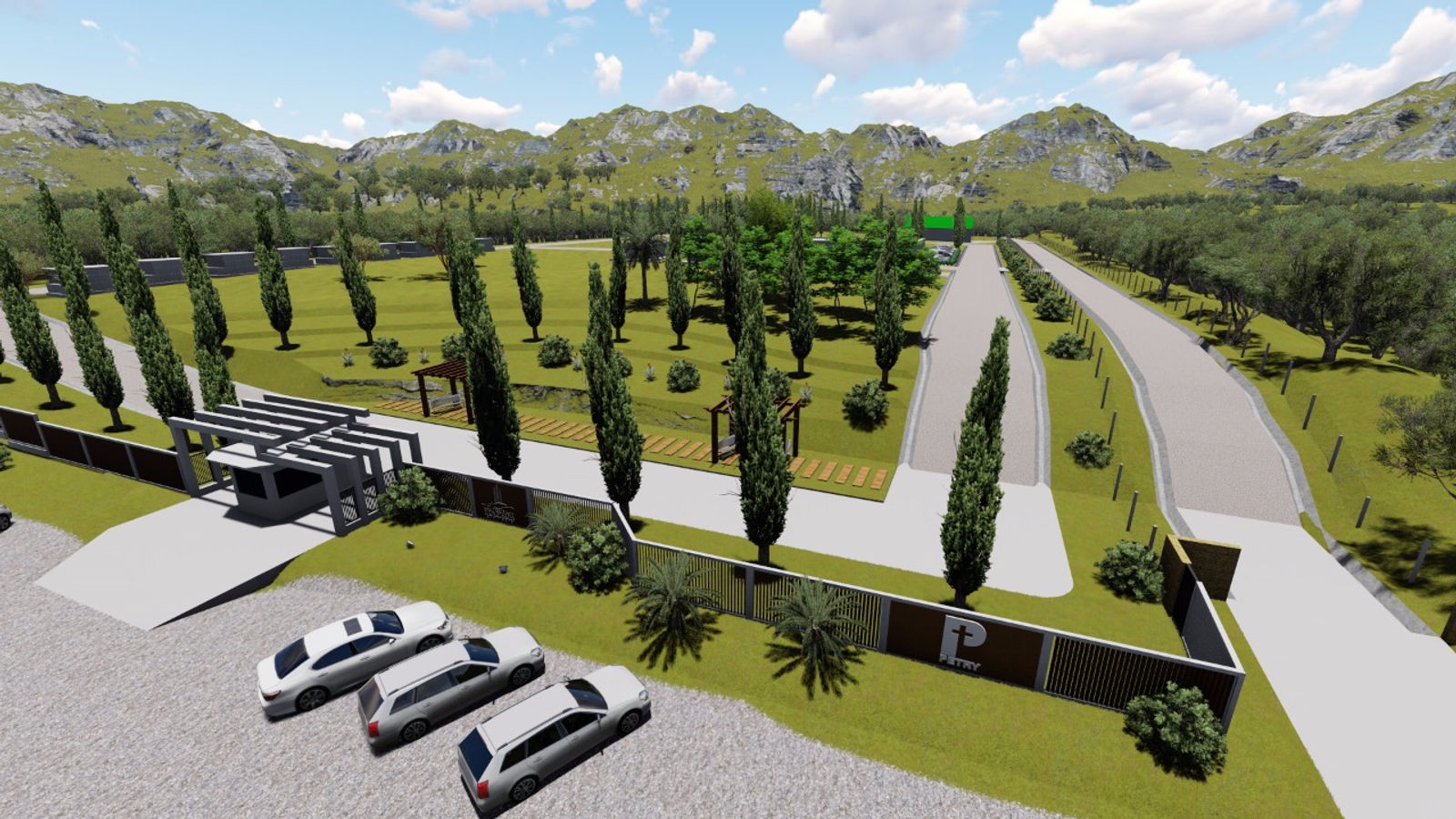 Entrada do Memorial Vida Eterna, com pórtico, estacionamento e alameda de ciprestes